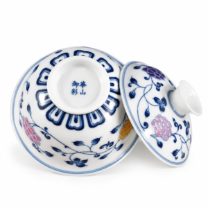 Blue & White Abundant Blossoms Ingot Gaiwan base with colorful floral vines