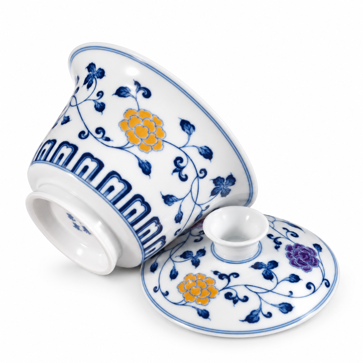 Blue & White Abundant Blossoms Mati Gaiwan with colorful floral lid