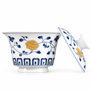 Blue & White Abundant Blossoms Mati Gaiwan with yellow floral motif