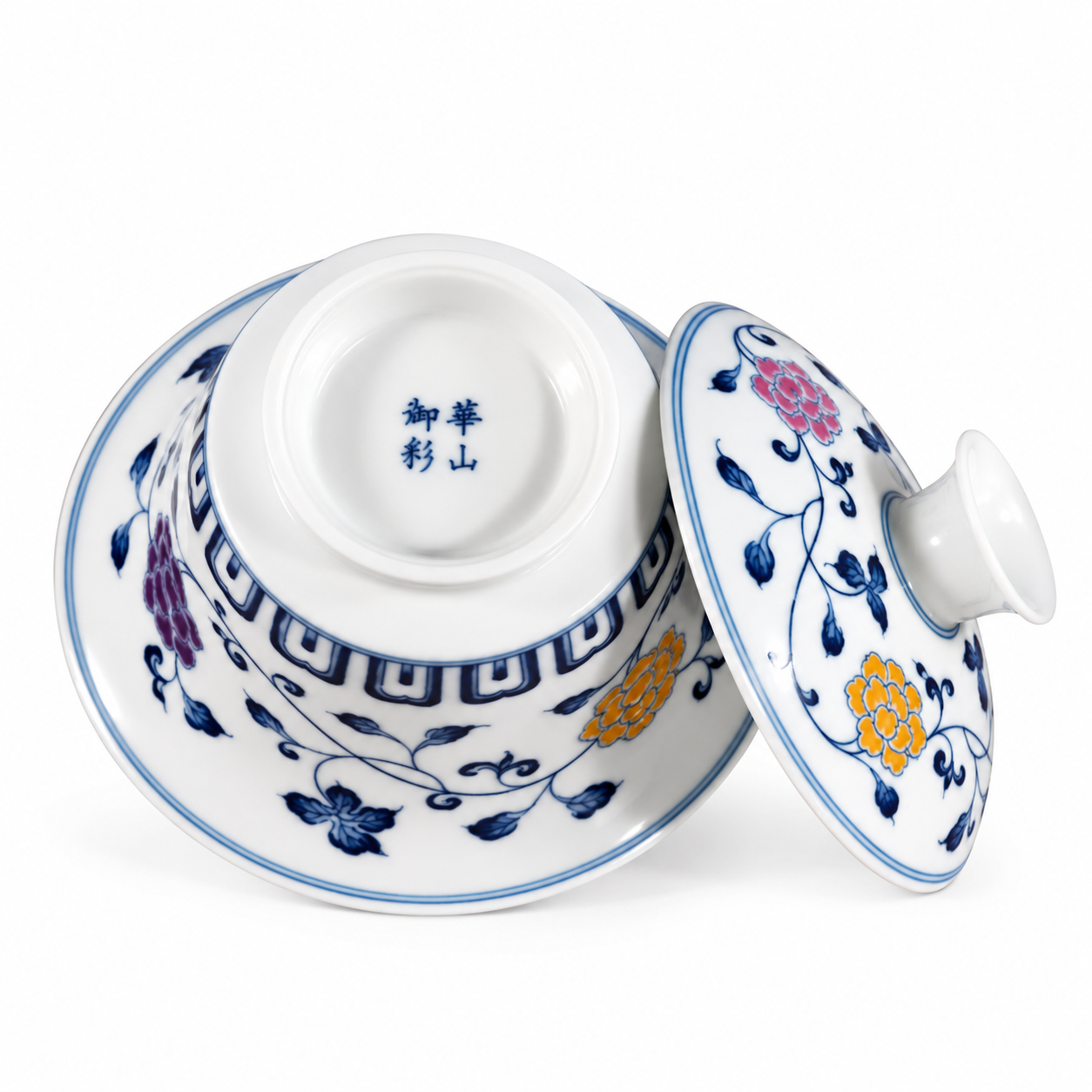 Blue & White Abundant Blossoms Mati Gaiwan base and floral lid detail