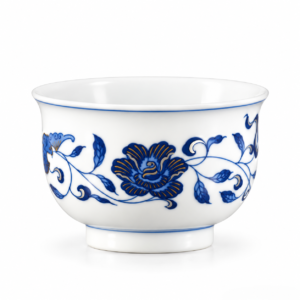Blue and White Double Blessings Incense Burner-Form Teacup with floral vines and gold accents