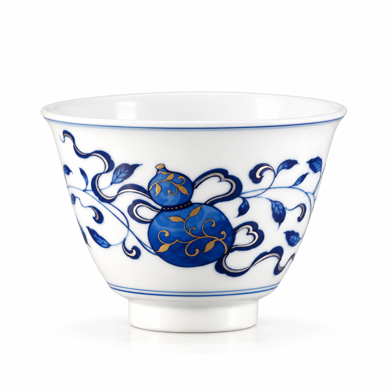 Blue and White Double Blessings Mati Teacup with blue gourd motif and gold accents