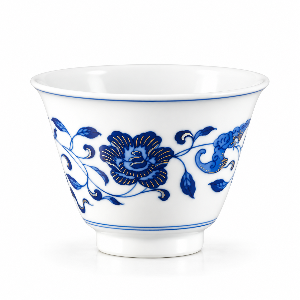 Blue and White Double Blessings Mati Teacup with floral vines and gold detailing