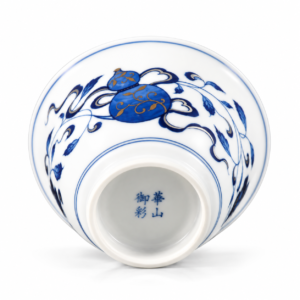 Blue and White Double Blessings Mati Teacup underside with gourd motif and maker mark