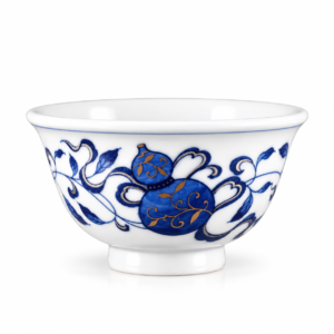 Blue and White Double Blessings Yashou Teacup with gourd motif and gold accents