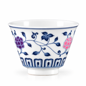 Blue & White Abundant Blossoms Mati Teacup with purple and pink floral motifs